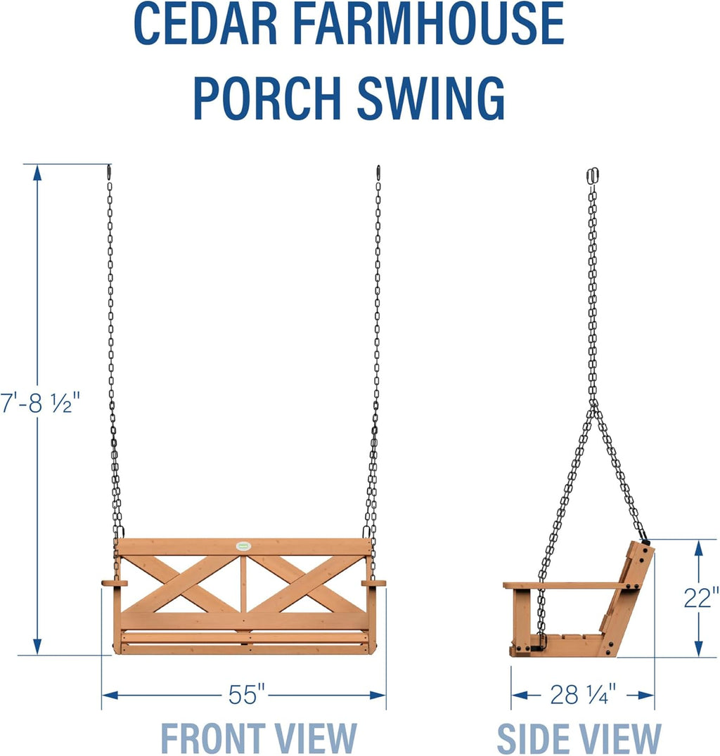 Backyard Discovery 55" Cedar Wood Farmhouse Outdoor Porch Swing Bench with Two-Person Seating, Durable Hanging Chains, Water-Resistant, Heavy-Duty 600 Lbs Weight Capacity for Patio, Deck, Garden