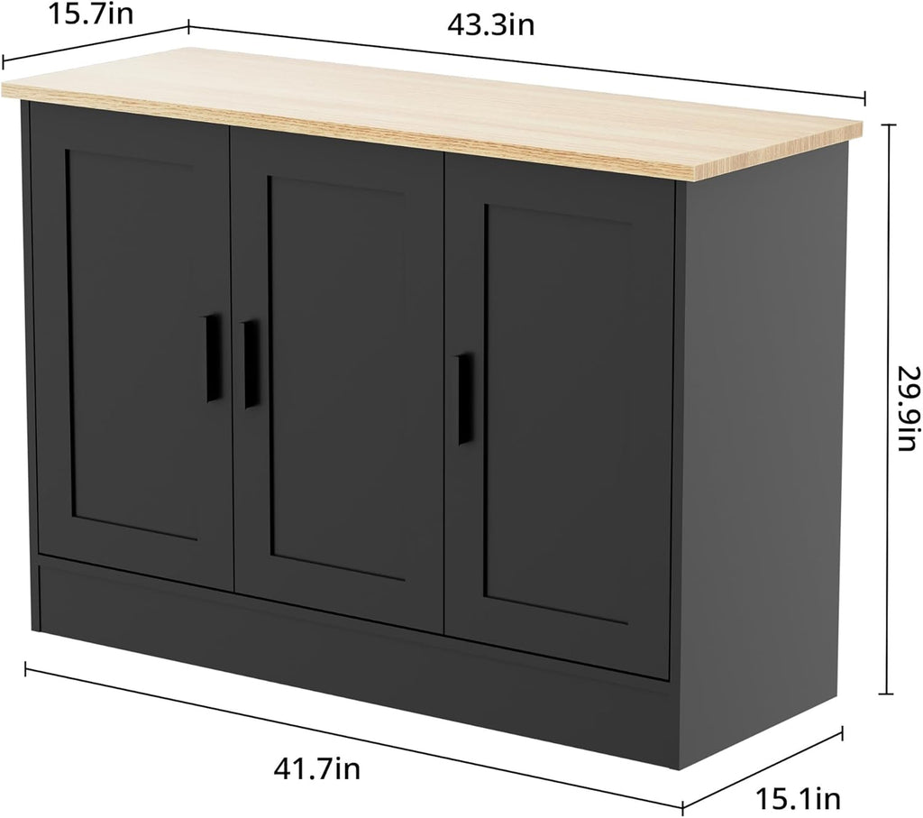 Anystyle 43.3”W Black 3 Door Buffet Cabinet, Coffee Bar with Adjustable Shelf, Kitchen Sideboard for Living Room, Kitchen