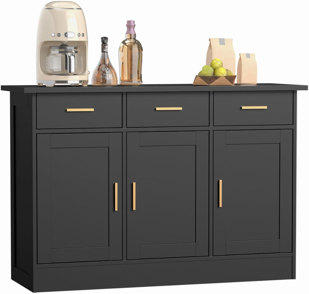 Buffet Cabinet with Storage - Buffets & Sideboards Kitchen Storage Cabinet, Wood Console Table Coffee Bar Accent Cabinets for Living Room Dining Room Entryway Large 3 Doors & Drawers, Black 47.2" W