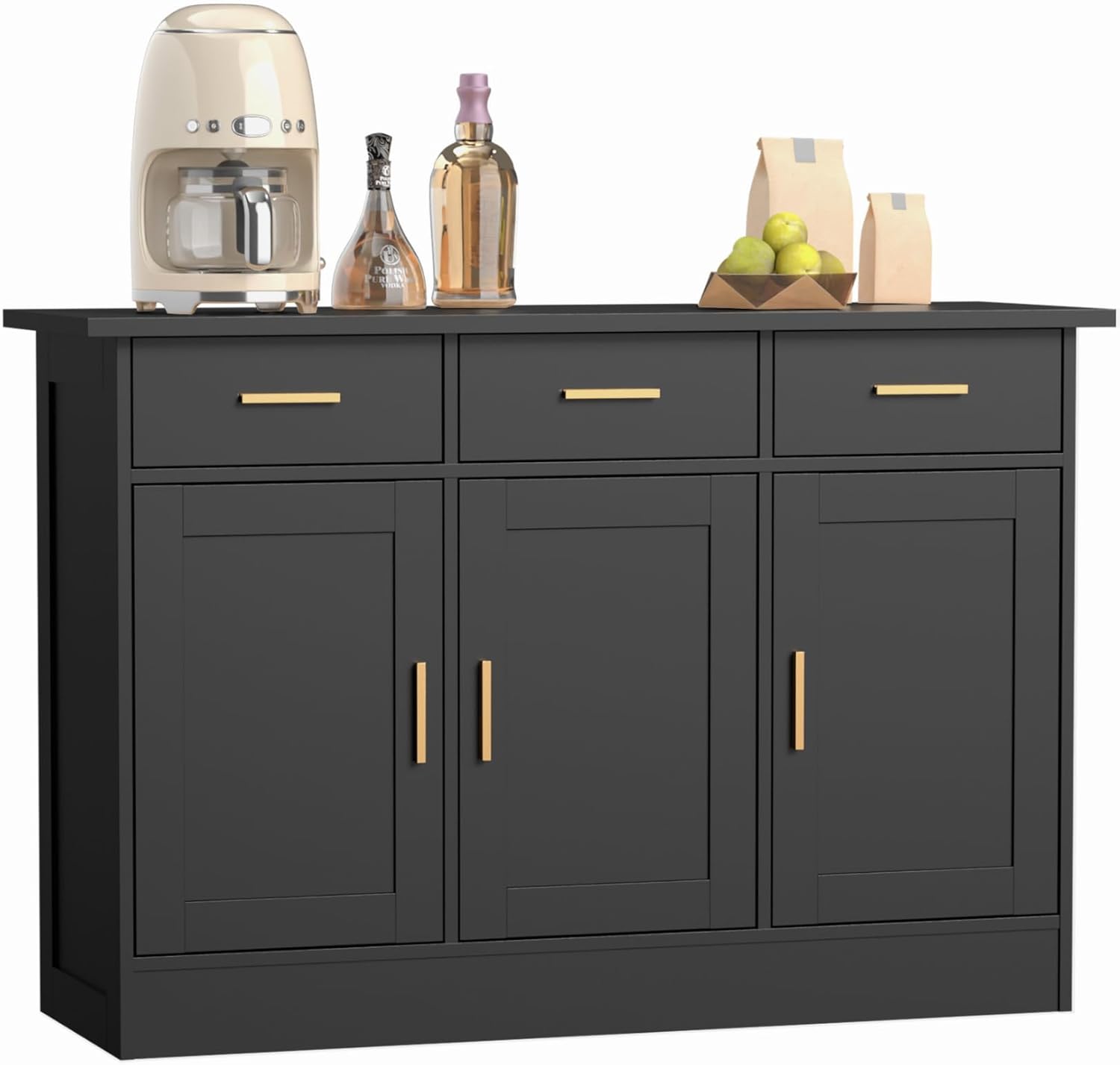 Buffet Cabinet with Storage - Buffets & Sideboards Kitchen Storage Cabinet, Wood Console Table Coffee Bar Accent Cabinets for Living Room Dining Room Entryway Large 3 Doors & Drawers, Black 47.2" W