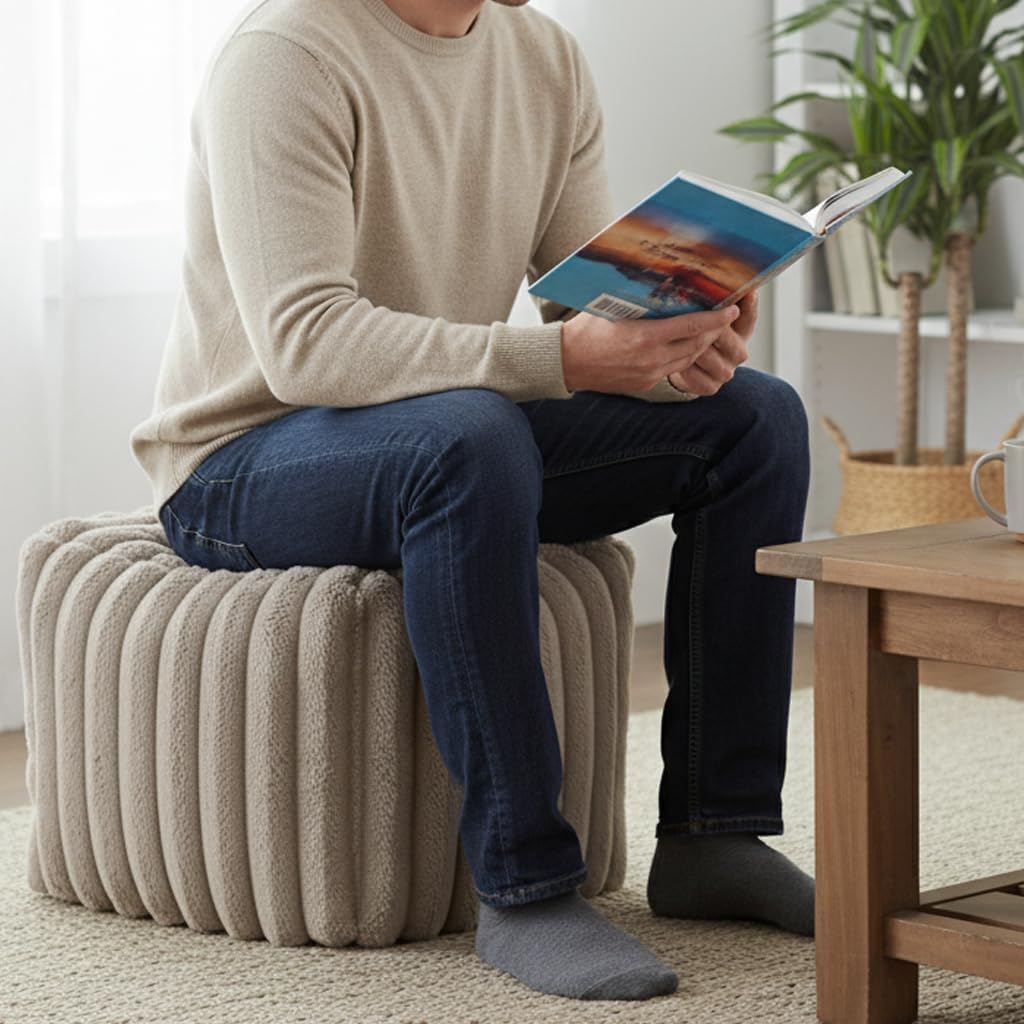 18.5" Square Faux Fur Pouf, Plush Corded Ottoman for Living Room Bedroom, Beige