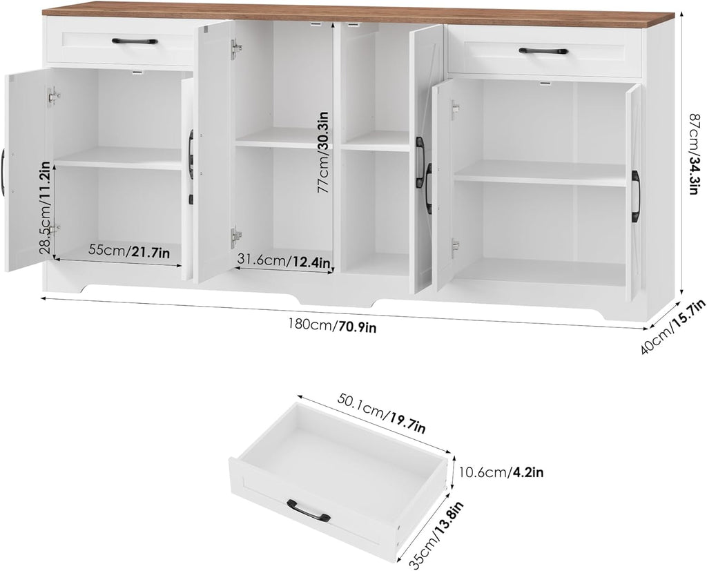 71” Large Sideboard Buffet Cabinet with Storage, Farmhouse Kitchen Buffet Cabinet with Adjustable Shelves and 6 Barn Doors, Wood Coffee Wine Bar Console Table for Kitchen, Dining Room, White