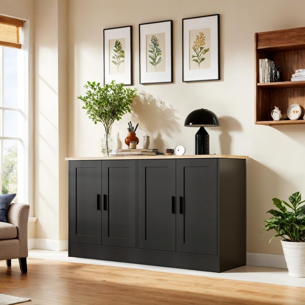 Anystyle 53.1“W Black 4 Door Buffet Cabinet, Coffee Bar with Adjustable Shelf, Kitchen Sideboard for Living Room, Hallway