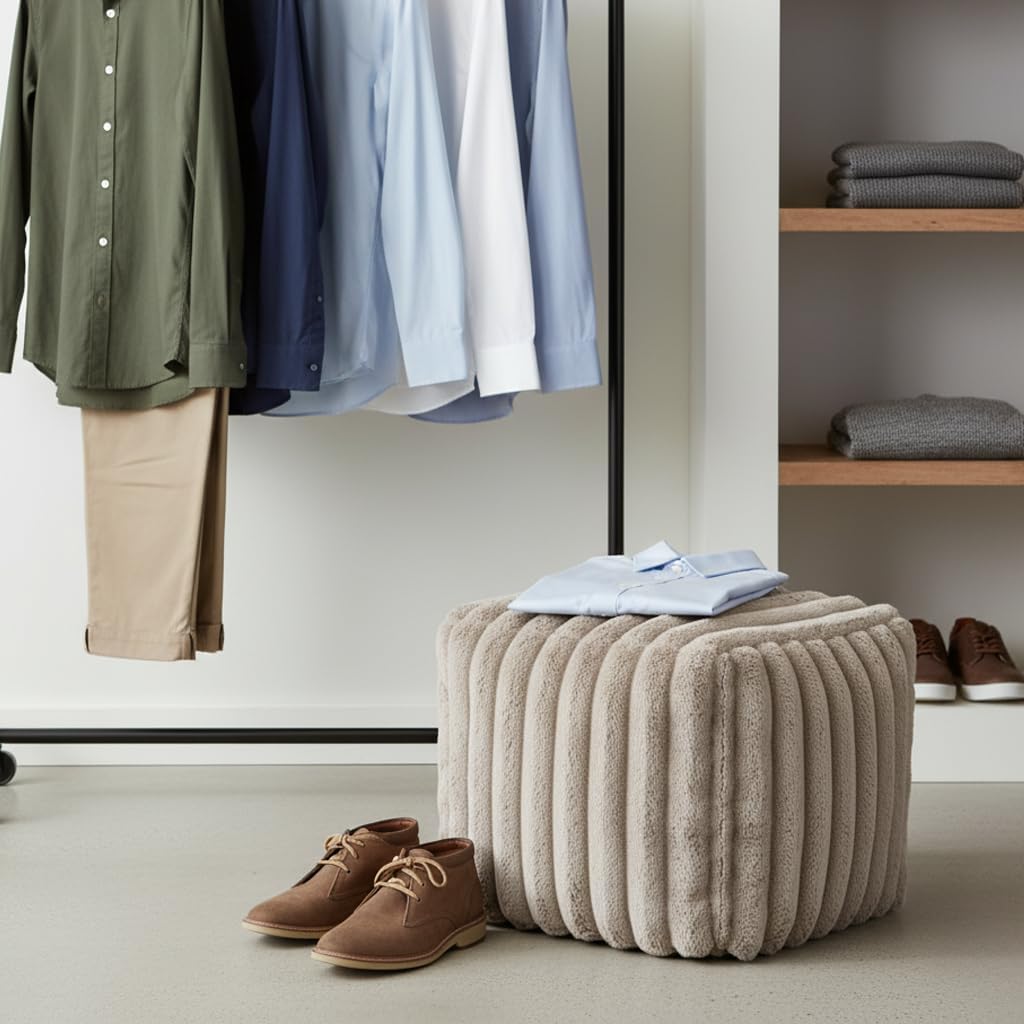 18.5" Square Faux Fur Pouf, Plush Corded Ottoman for Living Room Bedroom, Beige