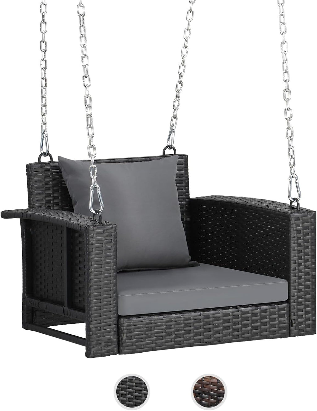 VINGLI Heavy Duty 800 LBS Wicker Hanging Porch Swing with Cushions & Chains, 5FT Outdoor Rattan Swing Bench for Garden, Yard, Lawn (Black)