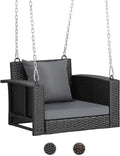 VINGLI Heavy Duty 800 LBS Wicker Hanging Porch Swing with Cushions & Chains, 5FT Outdoor Rattan Swing Bench for Garden, Yard, Lawn (Black)