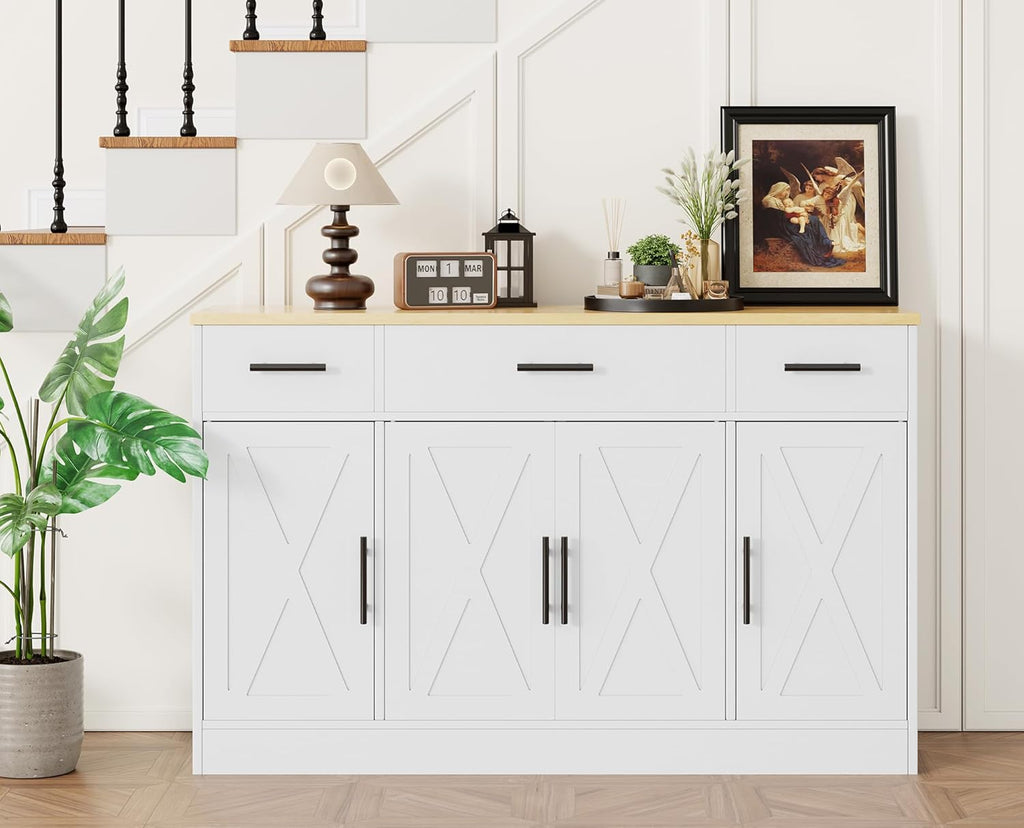 Shintenchi 53.4" Sideboard Buffet Cabinet with Storage, Large Kitchen Buffet Storage Cabinet with 3 Drawers and 4 Doors, Wood Farmhouse Sideboard with Adjustable Shelf for Kitchen, Dining Room, White