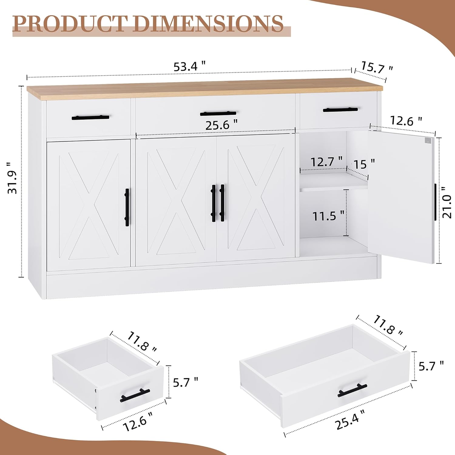 Shintenchi 53.4" Sideboard Buffet Cabinet with Storage, Large Kitchen Buffet Storage Cabinet with 3 Drawers and 4 Doors, Wood Farmhouse Sideboard with Adjustable Shelf for Kitchen, Dining Room, White