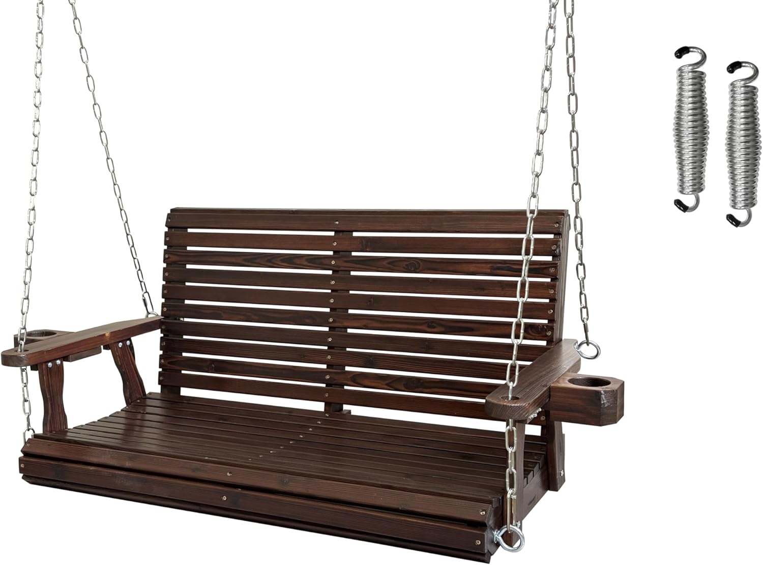 Wooden Porch Swing 2-Seater, High Backrest and Deep Seat, Bench Swing with Cupholders, Hanging Chains and 7mm Springs, Heavy Duty 880 LBS, for Outdoor Patio Garden (Cedar Tone - 4 FT Extra Large)