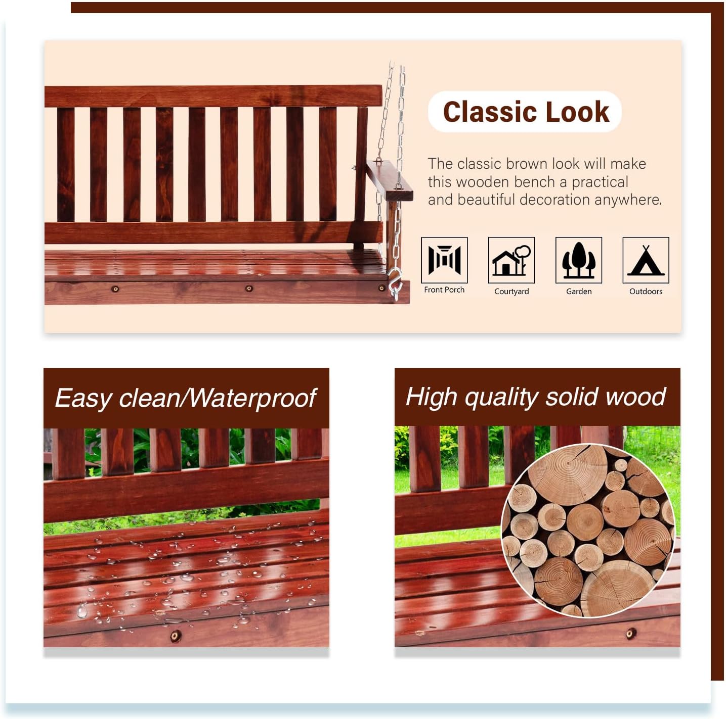 Outdoor Wooden Porch Swing 4Ft Patio Porch Swing Bench 800 LBS Load-Bearing Capacity Swing Chair Two-Person Seating with Adjustable Hanging Chains, Durable Swing Bench for Courtyard, Garden, Backyard