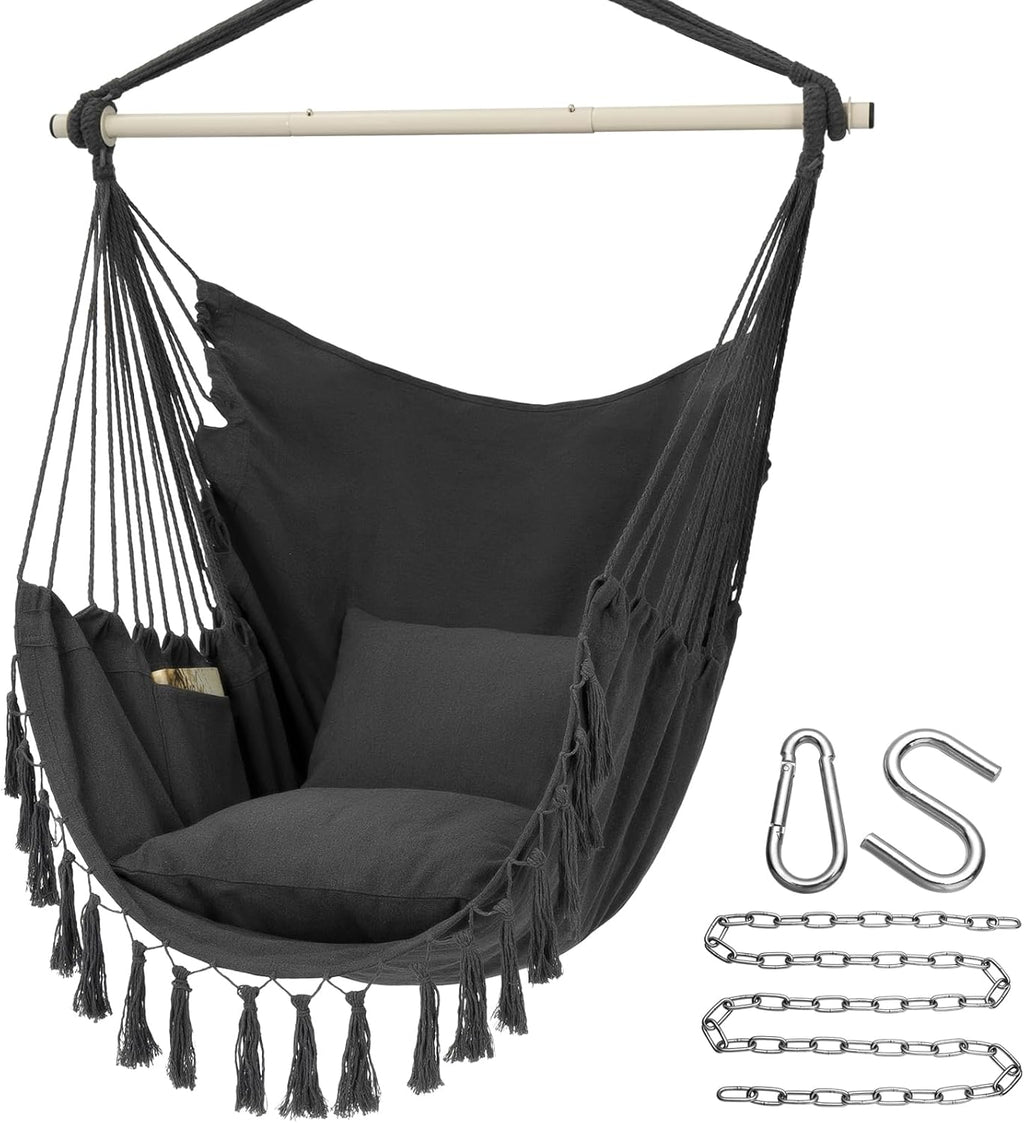 Y- STOP Hammock Chair Hanging Rope Swing, Max 500 Lbs, 2 Cushions Included, Large Macrame Hanging Chair with Pocket, Cotton Weave for Superior Comfort, Durability (Dark Grey)