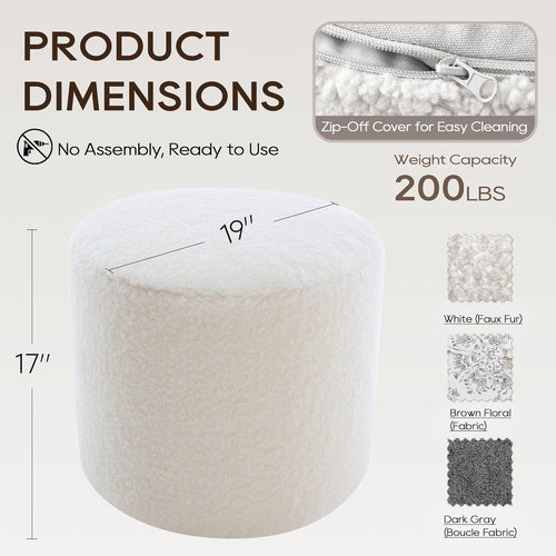 19-Inch Wide Round Pouf Ottoman Footstool, Versatile Upholstered Design for Living Room, Bedroom