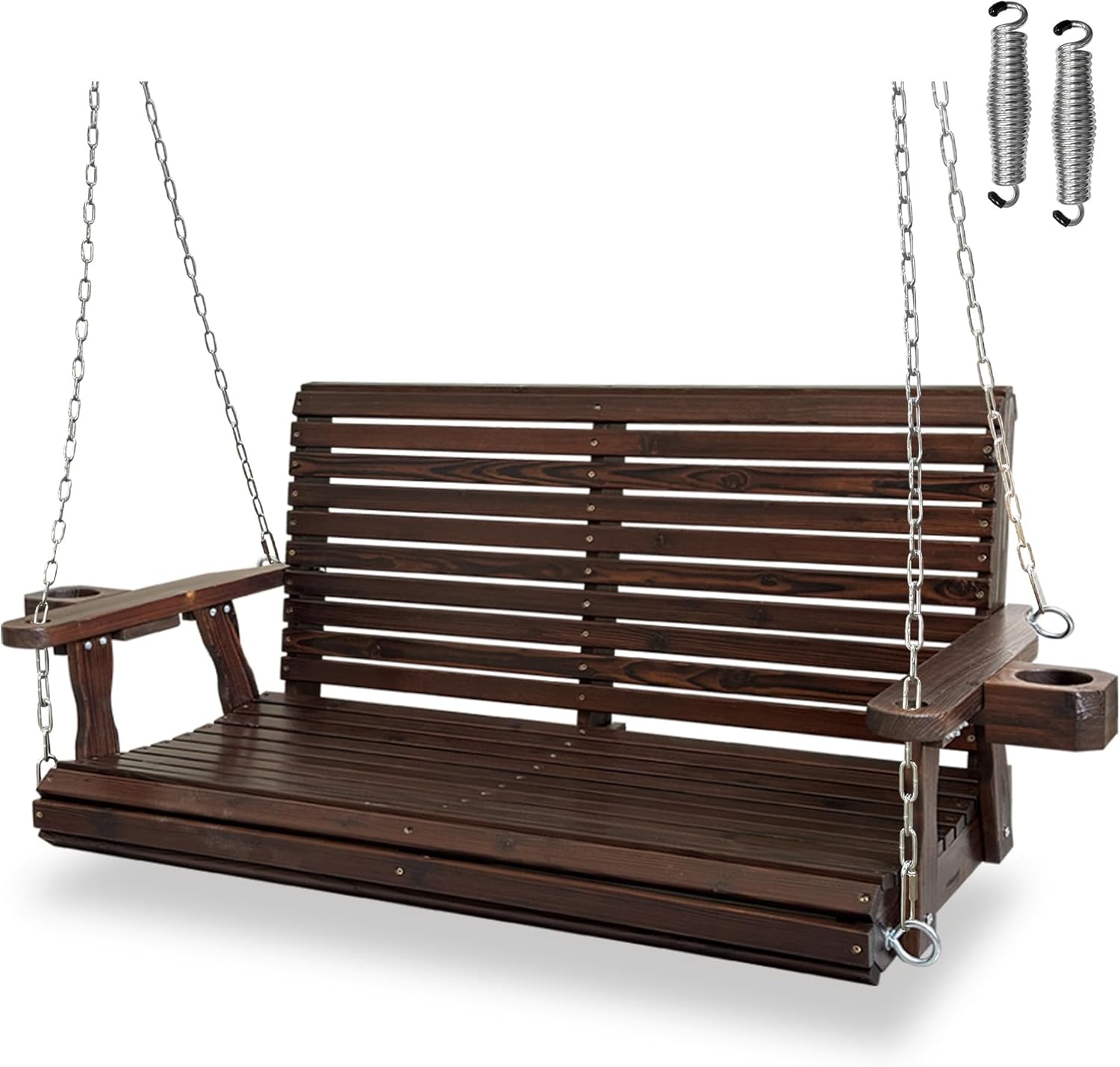 Wooden Porch Swing 2-Seater, High Backrest and Deep Seat, Bench Swing with Cupholders, Hanging Chains and 7mm Springs, Heavy Duty 880 LBS, for Outdoor Patio Garden (Cedar Tone - 4 FT Extra Large)