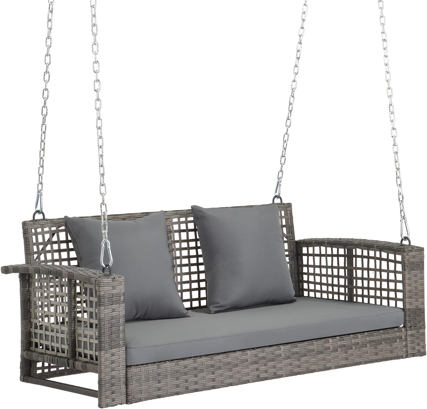 VINGLI Heavy Duty 800 LBS Wicker Hanging Porch Swing with Cushions & Chains, 5FT Outdoor Rattan Swing Bench for Garden, Yard, Lawn (Black)