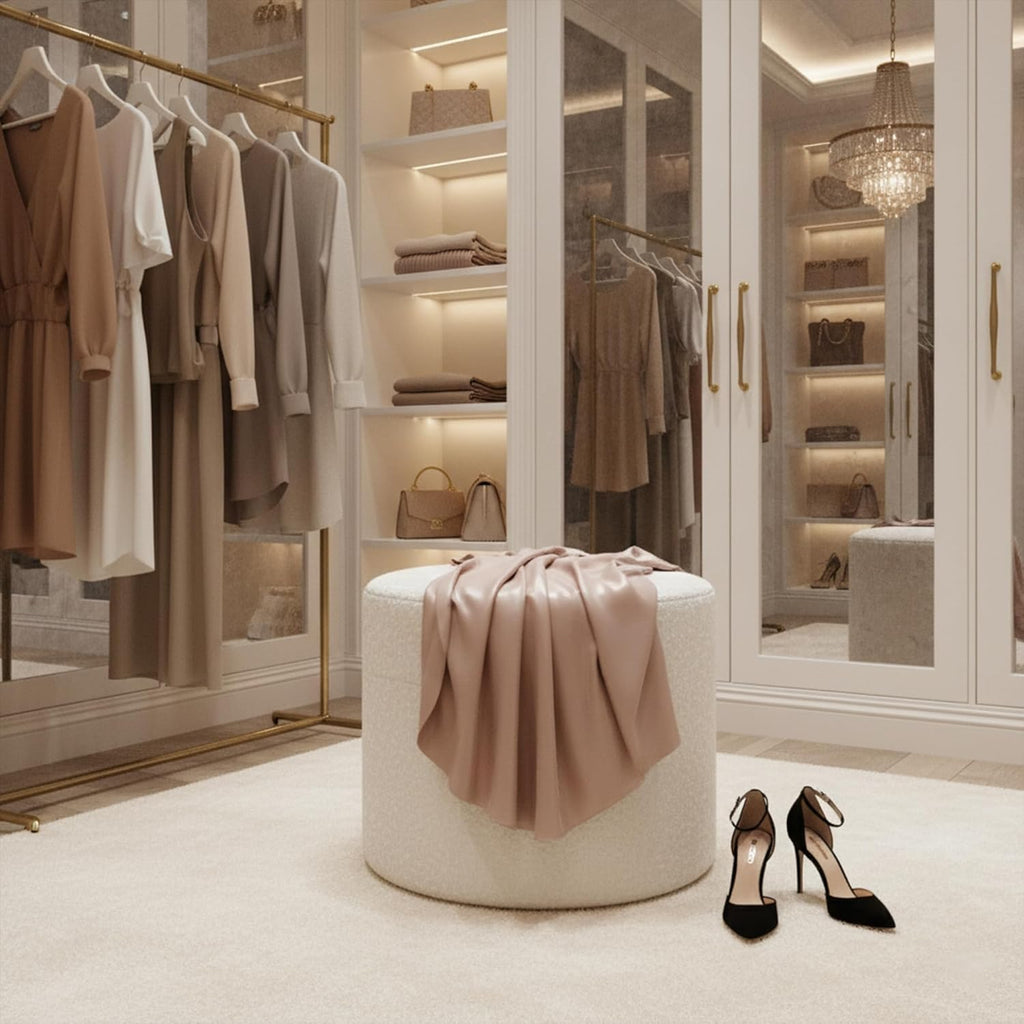 19-Inch Wide Round Pouf Ottoman Footstool, Versatile Upholstered Design for Living Room, Bedroom