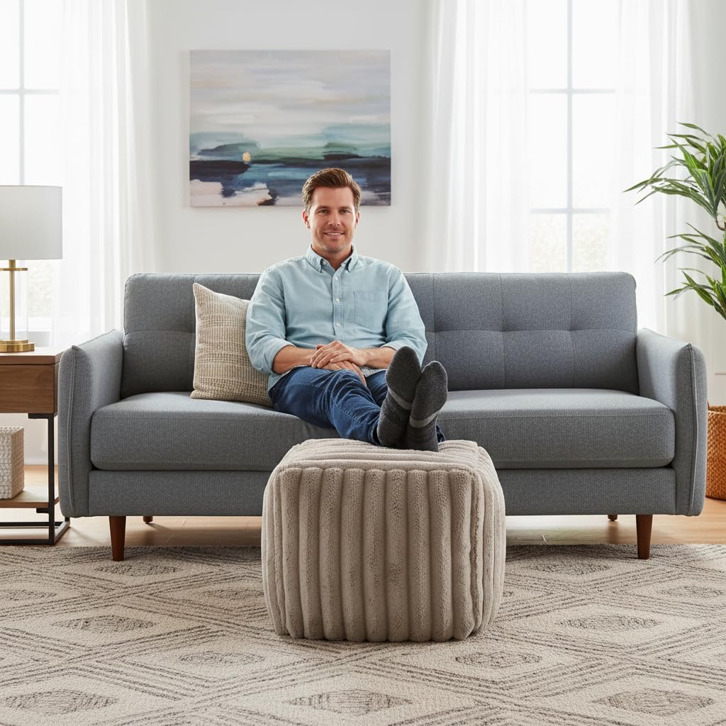 18.5" Square Faux Fur Pouf, Plush Corded Ottoman for Living Room Bedroom, Beige