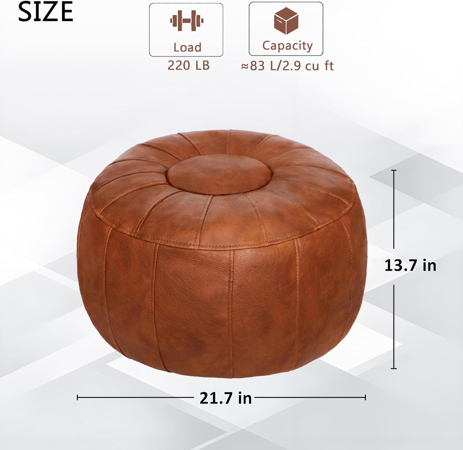 Thgonwid Unstuffed Moroccan Storage Pouf Foot Stool Ottoman Seat Handmade Faux Leather Bean Bag Floor Chair Foot Rest for Living Room, Bedroom or Balcony (Light Brown)