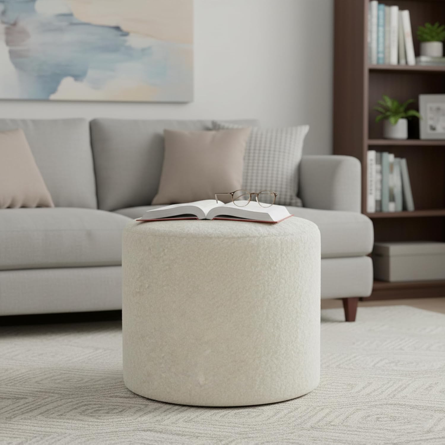 19-Inch Wide Round Pouf Ottoman Footstool, Versatile Upholstered Design for Living Room, Bedroom