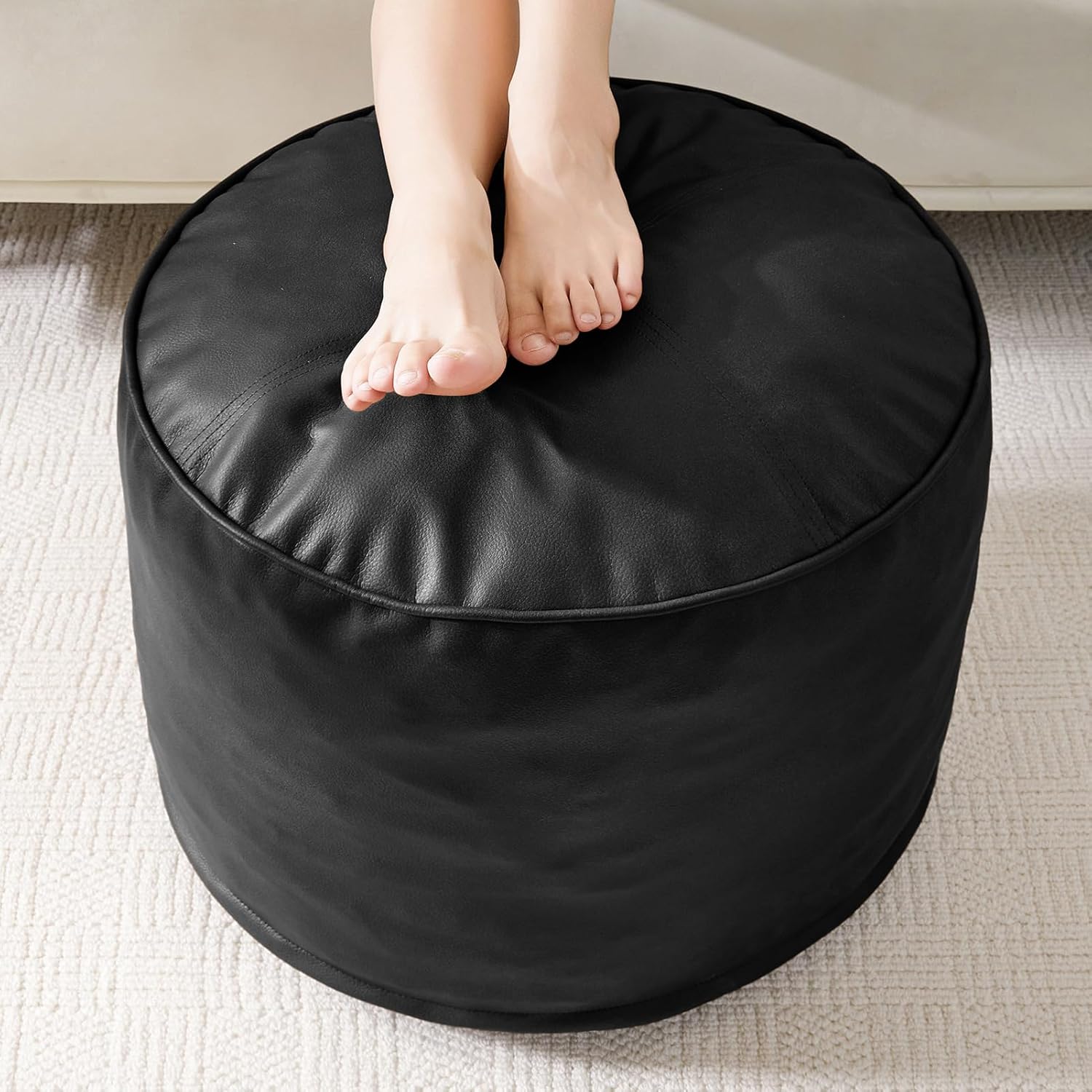 HIGOGOGO Round Stuffed Pouf Ottoman, Pu Leather Poufs with Foam Chunk Filling, Furry and Fluffy Pouf Foot Stool Storage Ottoman, 20 X 15 Floor Poufs Foot Rest for Living Room,Brown