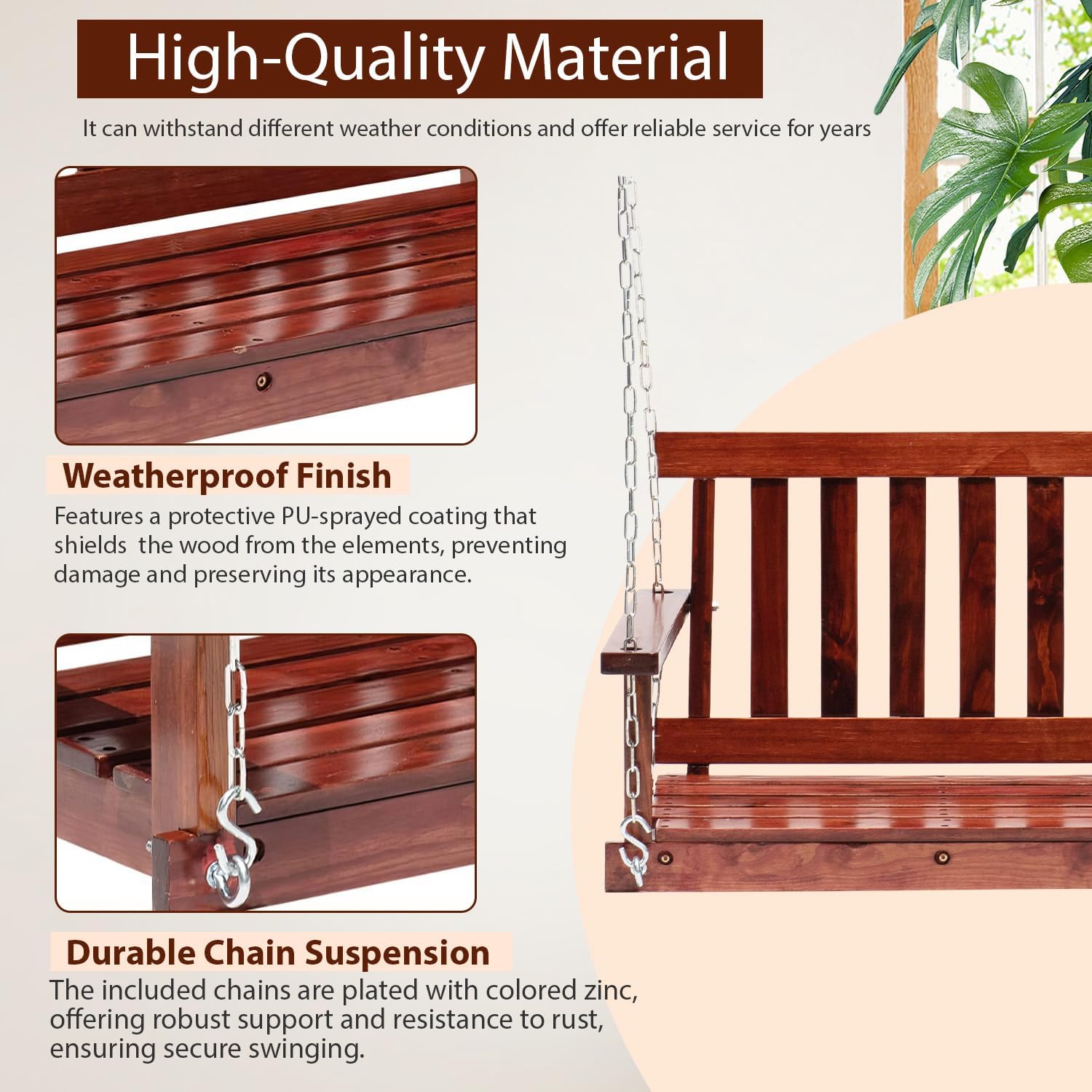 Outdoor Wooden Porch Swing 4Ft Patio Porch Swing Bench 800 LBS Load-Bearing Capacity Swing Chair Two-Person Seating with Adjustable Hanging Chains, Durable Swing Bench for Courtyard, Garden, Backyard