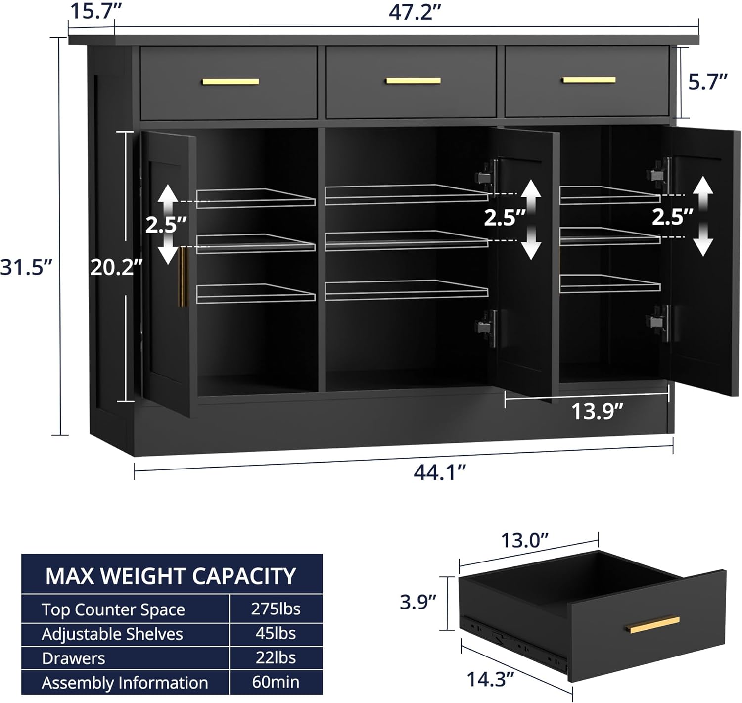 Buffet Cabinet with Storage - Buffets & Sideboards Kitchen Storage Cabinet, Wood Console Table Coffee Bar Accent Cabinets for Living Room Dining Room Entryway Large 3 Doors & Drawers, Black 47.2" W