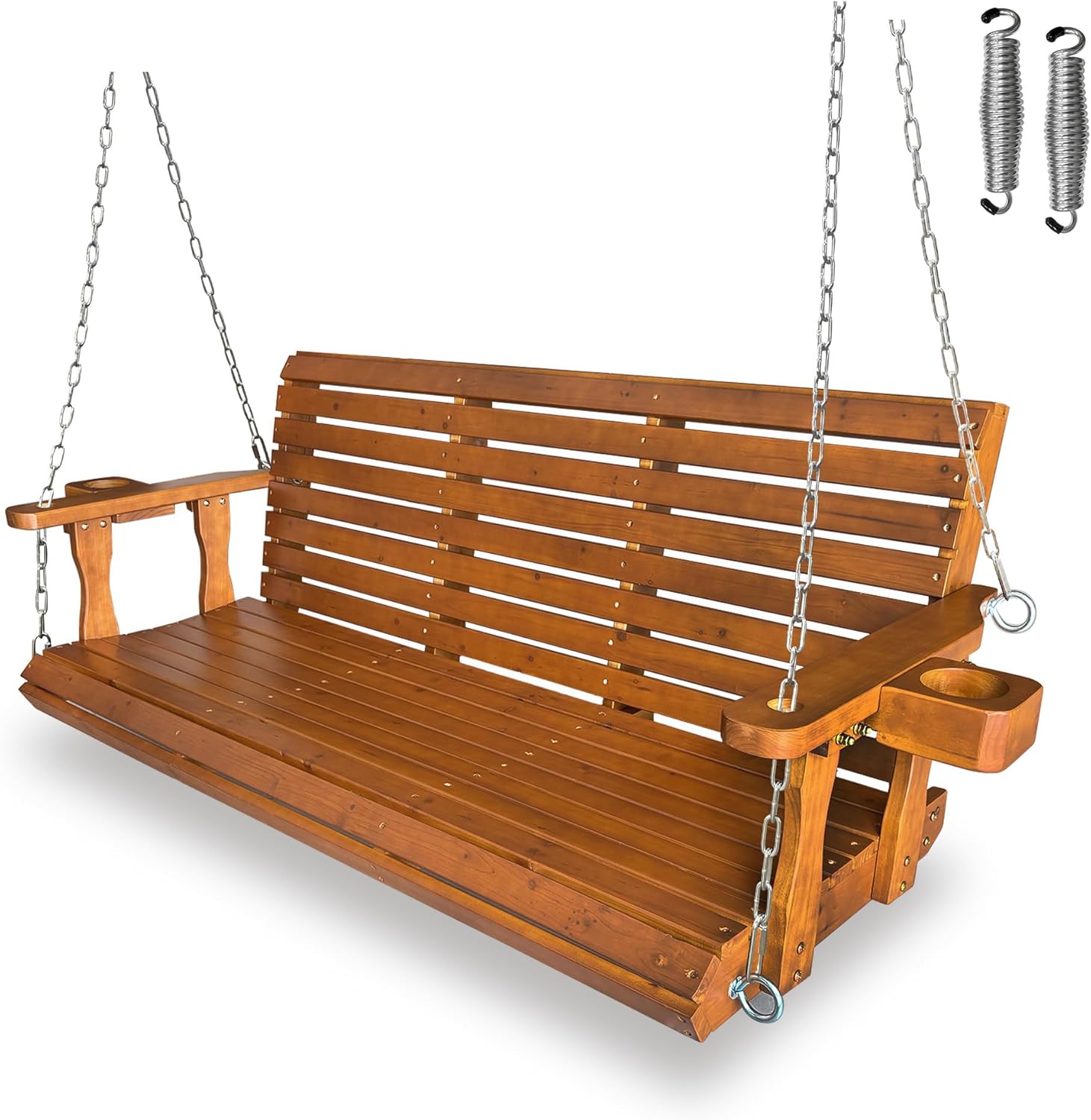Wooden Porch Swing 2-Seater, High Backrest and Deep Seat, Bench Swing with Cupholders, Hanging Chains and 7mm Springs, Heavy Duty 880 LBS, for Outdoor Patio Garden (Cedar Tone - 4 FT Extra Large)