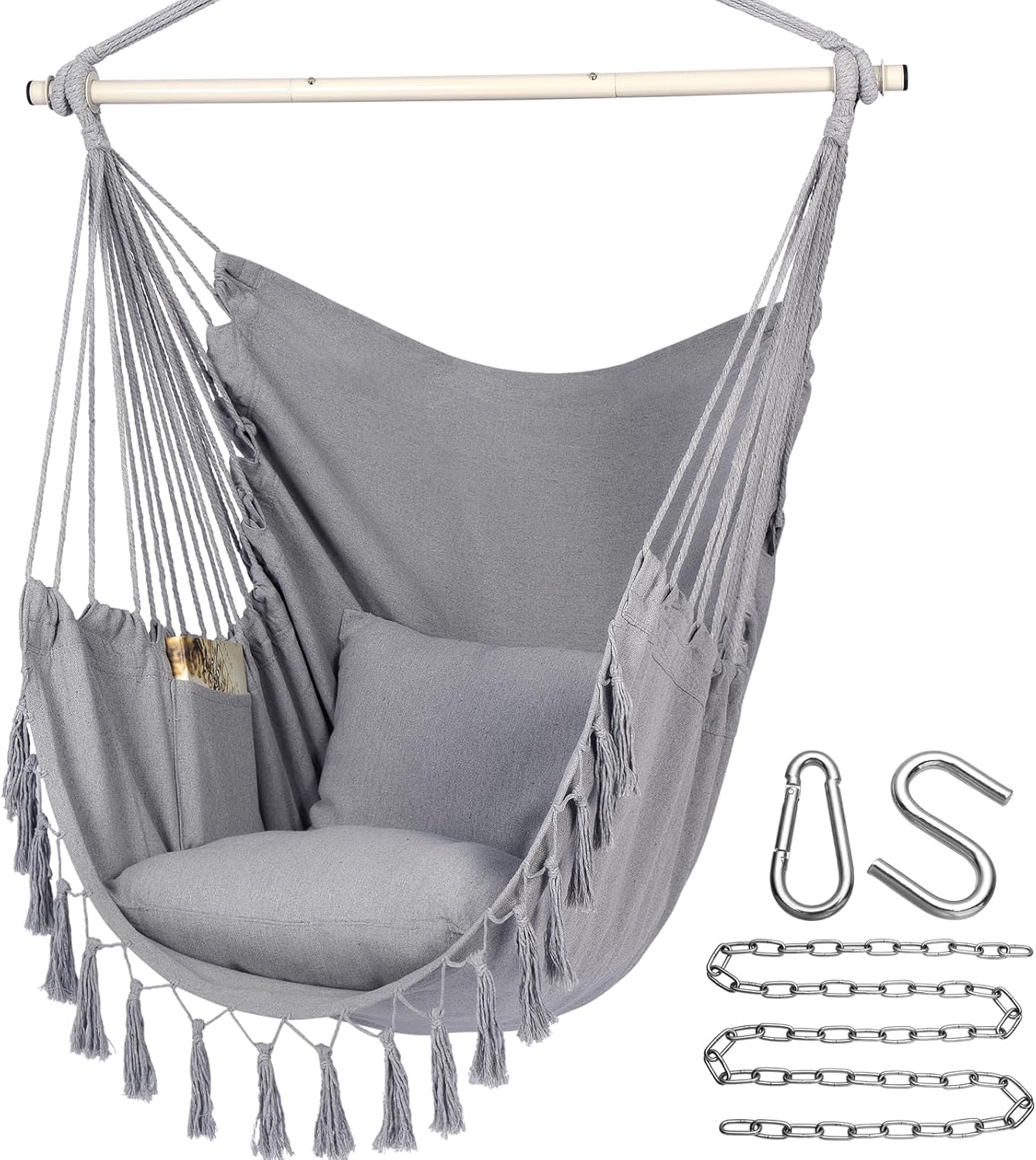 Y- STOP Hammock Chair Hanging Rope Swing, Max 500 Lbs, 2 Cushions Included, Large Macrame Hanging Chair with Pocket, Cotton Weave for Superior Comfort, Durability (Dark Grey)