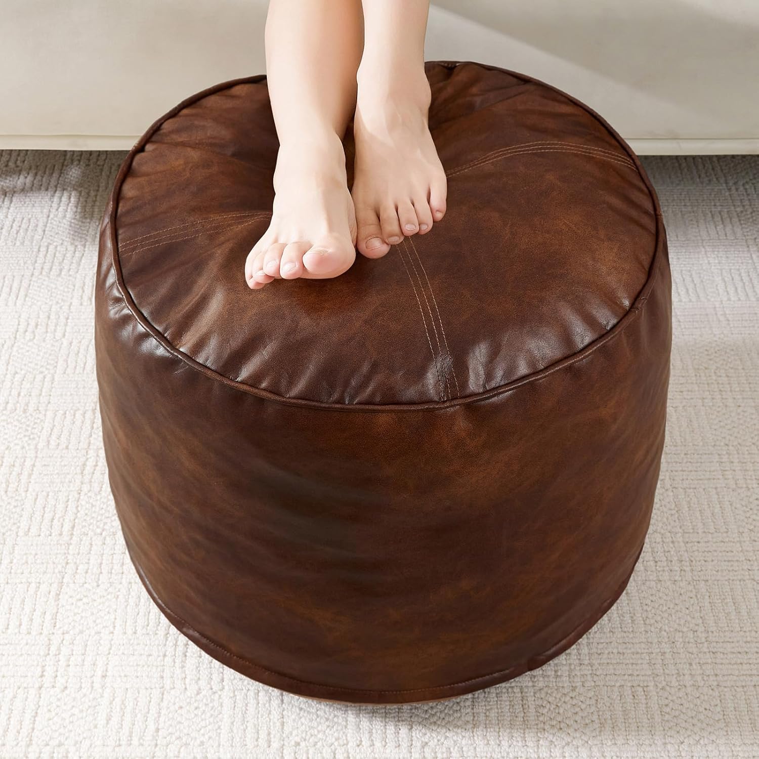 HIGOGOGO Round Stuffed Pouf Ottoman, Pu Leather Poufs with Foam Chunk Filling, Furry and Fluffy Pouf Foot Stool Storage Ottoman, 20 X 15 Floor Poufs Foot Rest for Living Room,Brown