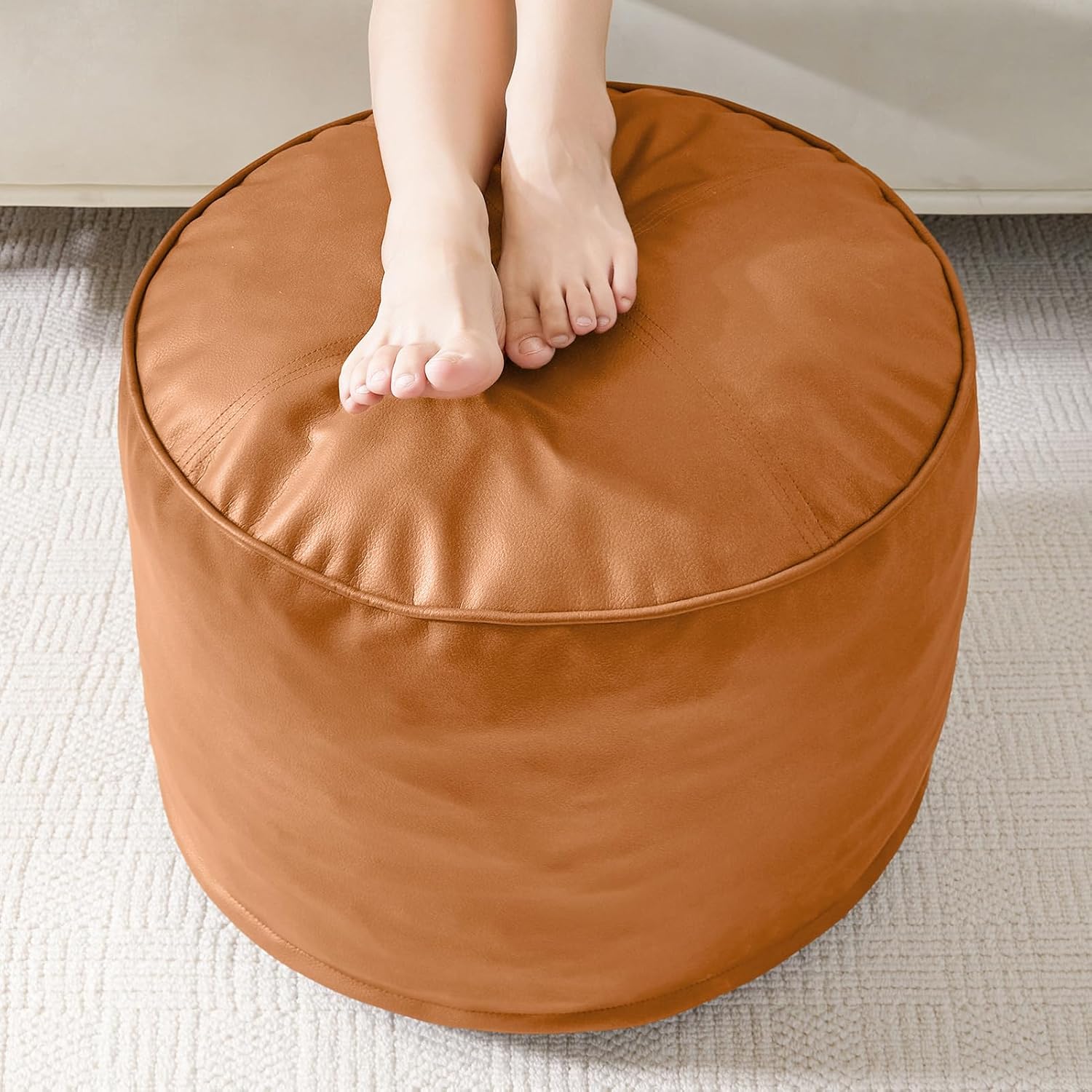 HIGOGOGO Round Stuffed Pouf Ottoman, Pu Leather Poufs with Foam Chunk Filling, Furry and Fluffy Pouf Foot Stool Storage Ottoman, 20 X 15 Floor Poufs Foot Rest for Living Room,Brown