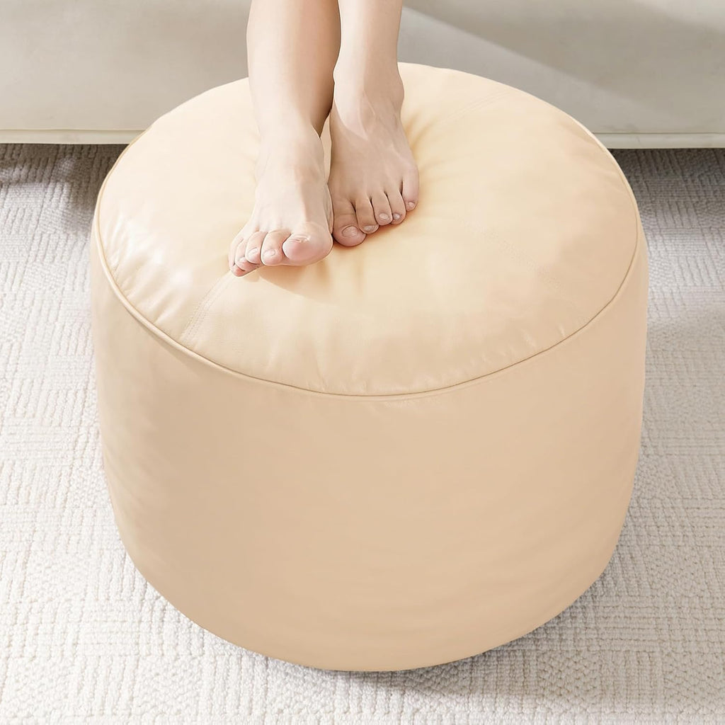 HIGOGOGO Round Stuffed Pouf Ottoman, Pu Leather Poufs with Foam Chunk Filling, Furry and Fluffy Pouf Foot Stool Storage Ottoman, 20 X 15 Floor Poufs Foot Rest for Living Room,Brown