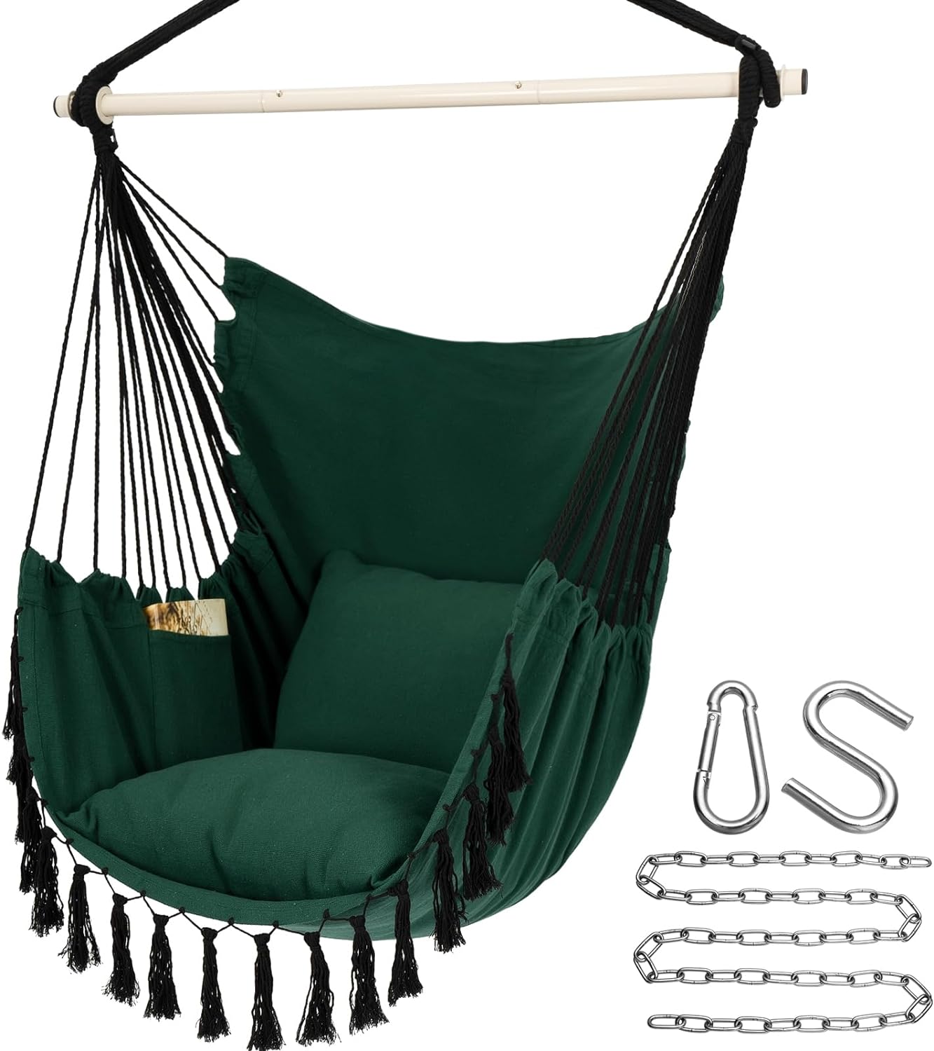 Y- STOP Hammock Chair Hanging Rope Swing, Max 500 Lbs, 2 Cushions Included, Large Macrame Hanging Chair with Pocket, Cotton Weave for Superior Comfort, Durability (Dark Grey)