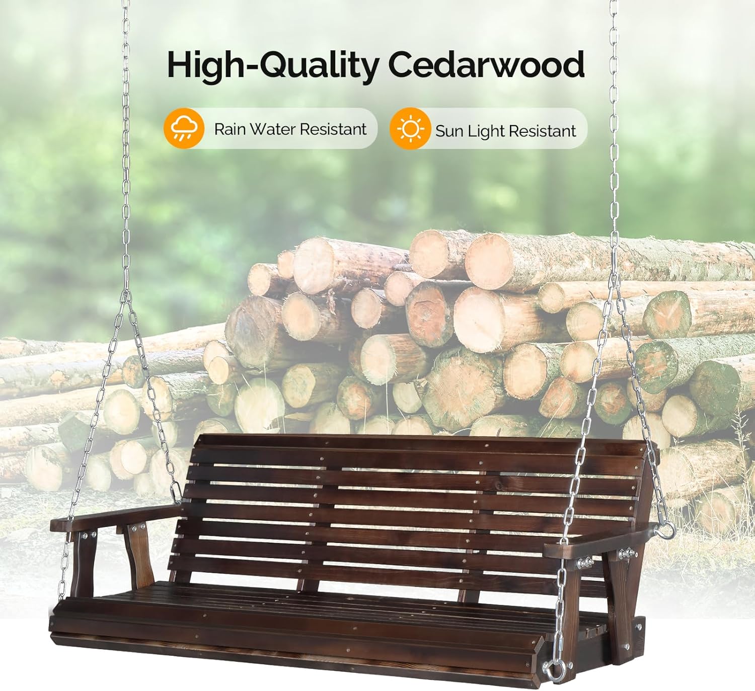 VINGLI Heavy Duty 880 LBS Patio Porch Swing Outdoor PU Painting, Hanging Chair with Adjustable Secure Chains, Finished Outdoor Bench Tree Swing for Yard | Garden | Lawn | Balcony (5 FT, Rustic)