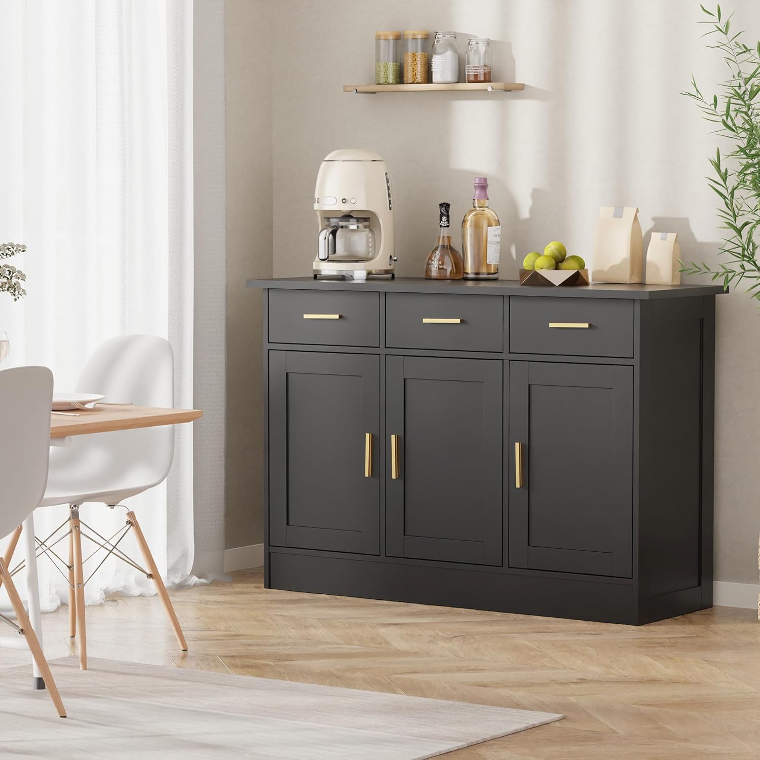 Buffet Cabinet with Storage - Buffets & Sideboards Kitchen Storage Cabinet, Wood Console Table Coffee Bar Accent Cabinets for Living Room Dining Room Entryway Large 3 Doors & Drawers, Black 47.2" W