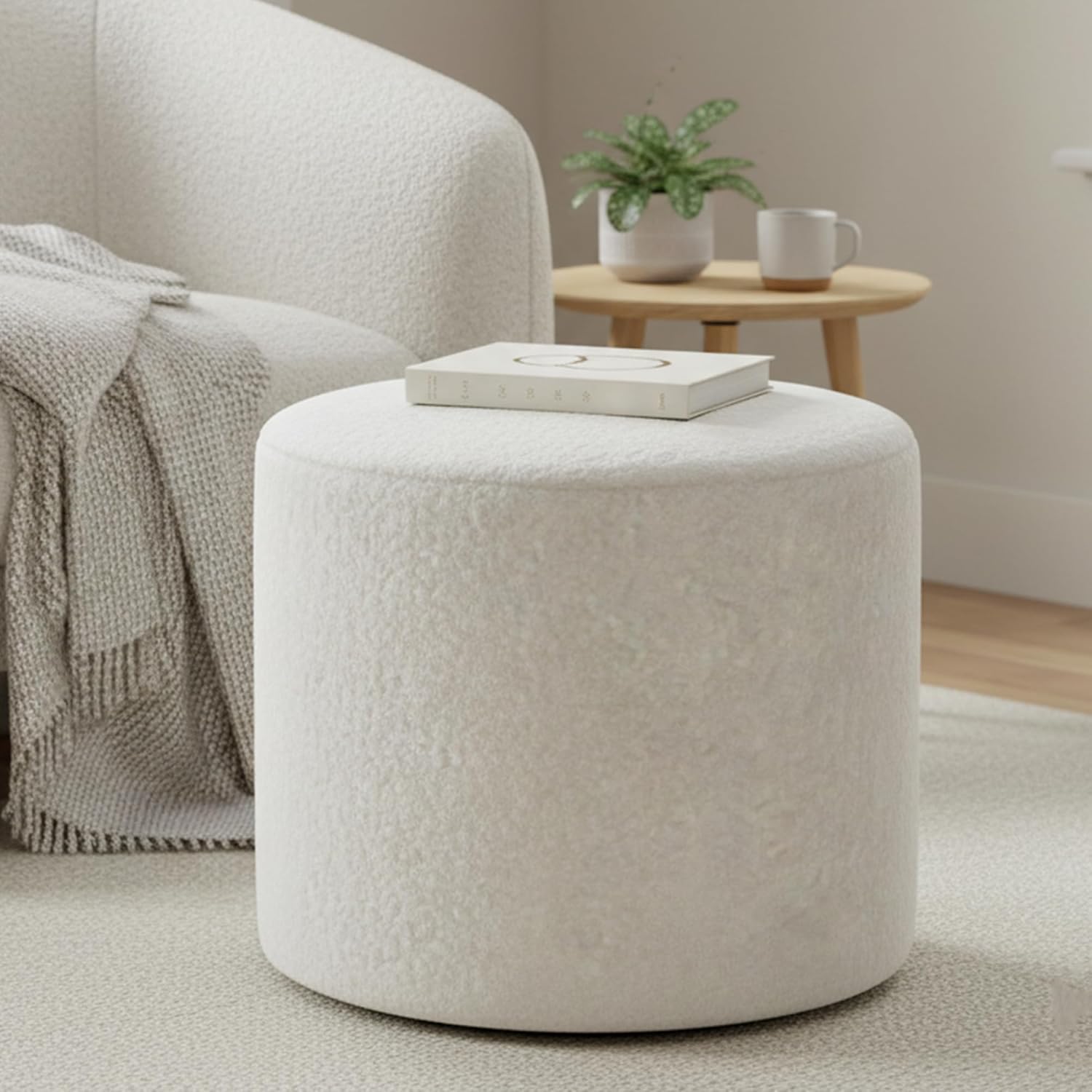 19-Inch Wide Round Pouf Ottoman Footstool, Versatile Upholstered Design for Living Room, Bedroom