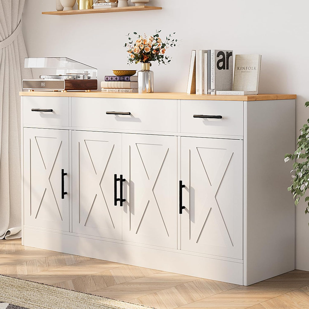 Shintenchi 53.4" Sideboard Buffet Cabinet with Storage, Large Kitchen Buffet Storage Cabinet with 3 Drawers and 4 Doors, Wood Farmhouse Sideboard with Adjustable Shelf for Kitchen, Dining Room, White
