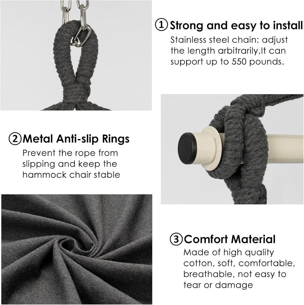 Y- STOP Hammock Chair Hanging Rope Swing, Max 500 Lbs, 2 Cushions Included, Large Macrame Hanging Chair with Pocket, Cotton Weave for Superior Comfort, Durability (Dark Grey)