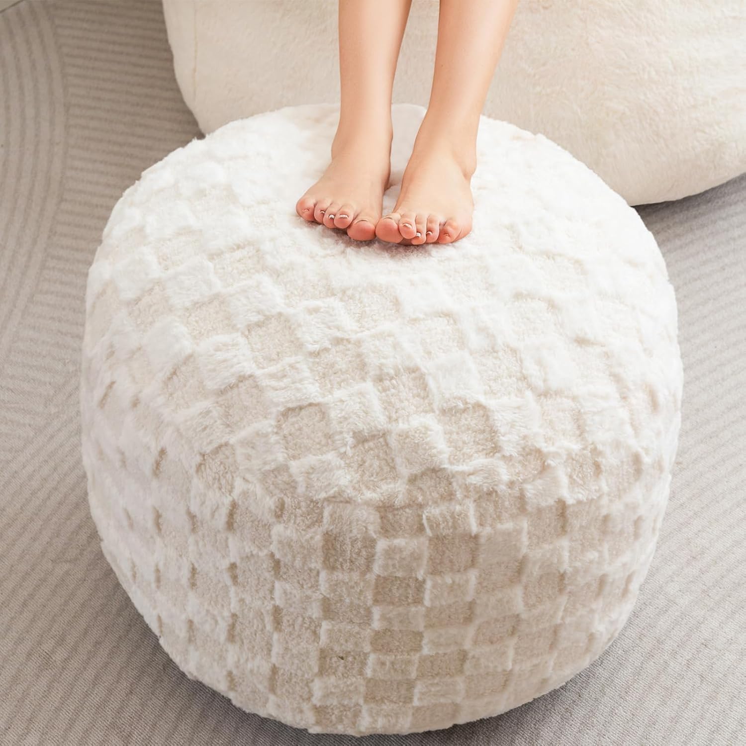 HIGOGOGO Round Stuffed Pouf Ottoman, Corduroy Poufs with Foam Chunk Filling, Furry and Fluffy Pouf Foot Stool Storage Ottoman, 20 X 15 Floor Poufs Foot Rest for Living Room, Dark Grey