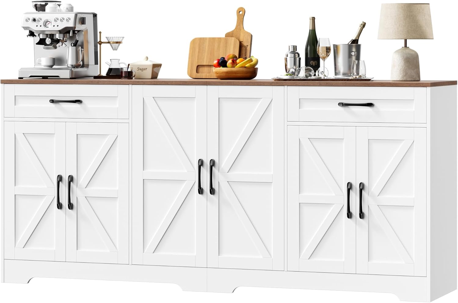 71” Large Sideboard Buffet Cabinet with Storage, Farmhouse Kitchen Buffet Cabinet with Adjustable Shelves and 6 Barn Doors, Wood Coffee Wine Bar Console Table for Kitchen, Dining Room, White