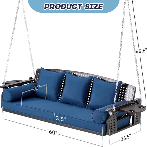 3 Seat Porch Swing, Patio Swing Bench with Cup Holders & 3 Back Cushions, Swing Chair with Chains for Deck Garden Backyard,Blue