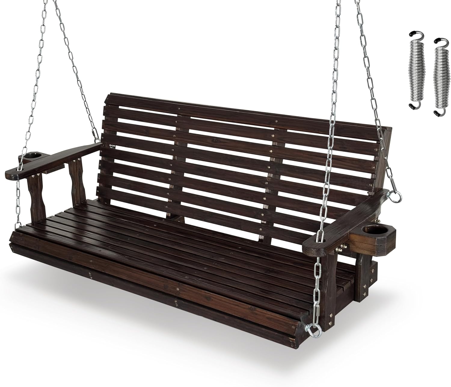 Wooden Porch Swing 2-Seater, High Backrest and Deep Seat, Bench Swing with Cupholders, Hanging Chains and 7mm Springs, Heavy Duty 880 LBS, for Outdoor Patio Garden (Cedar Tone - 4 FT Extra Large)