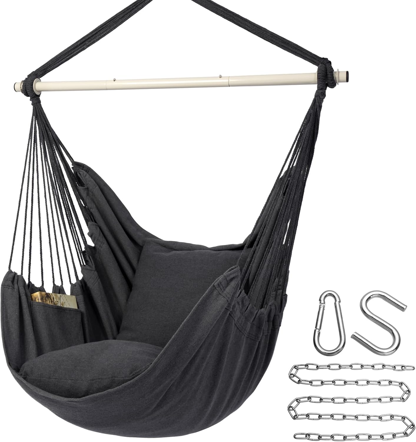 Y- STOP Hammock Chair Hanging Rope Swing, Max 500 Lbs, 2 Cushions Included, Large Macrame Hanging Chair with Pocket, Cotton Weave for Superior Comfort, Durability (Dark Grey)