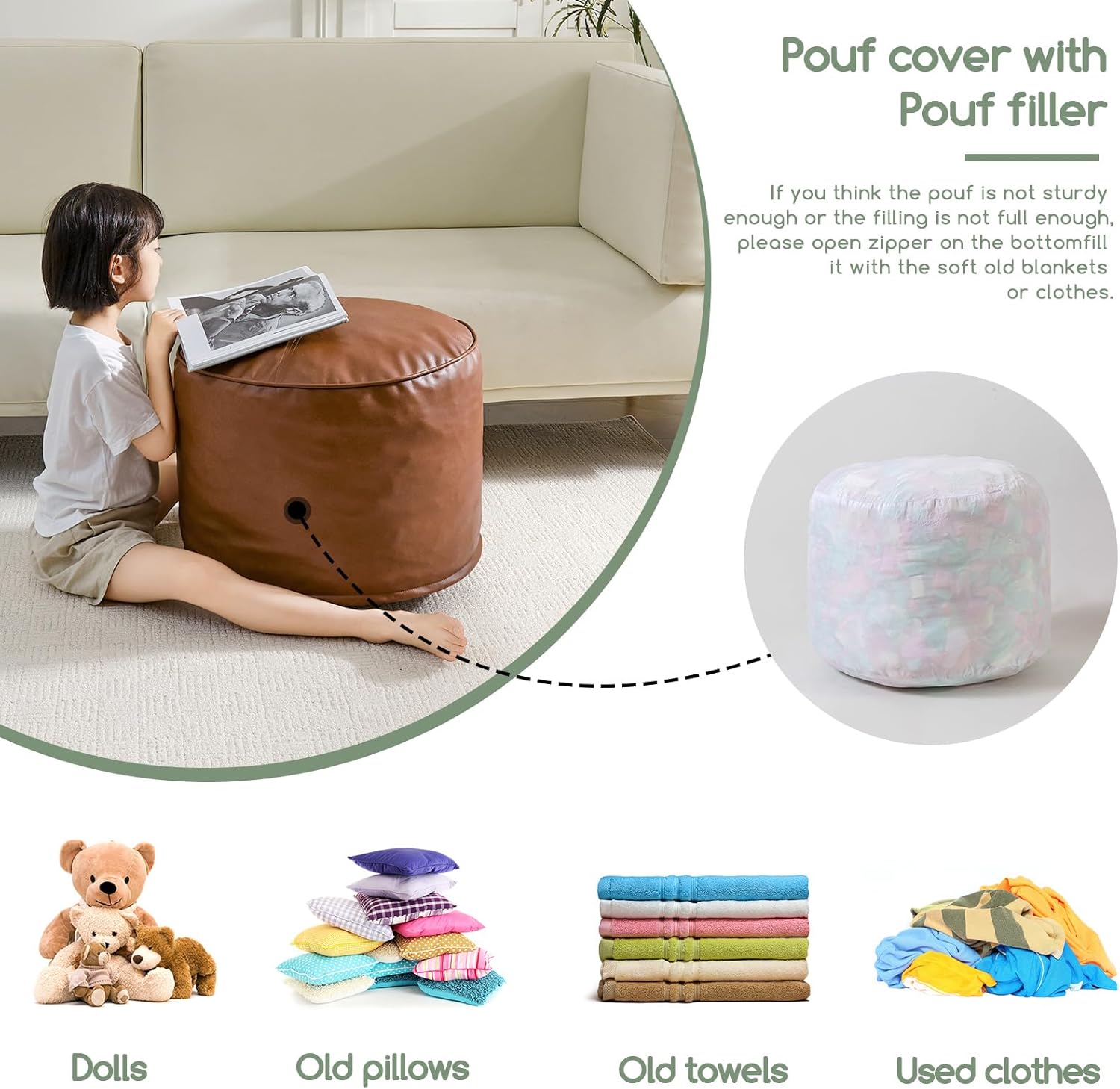 HIGOGOGO Round Stuffed Pouf Ottoman, Pu Leather Poufs with Foam Chunk Filling, Furry and Fluffy Pouf Foot Stool Storage Ottoman, 20 X 15 Floor Poufs Foot Rest for Living Room,Brown