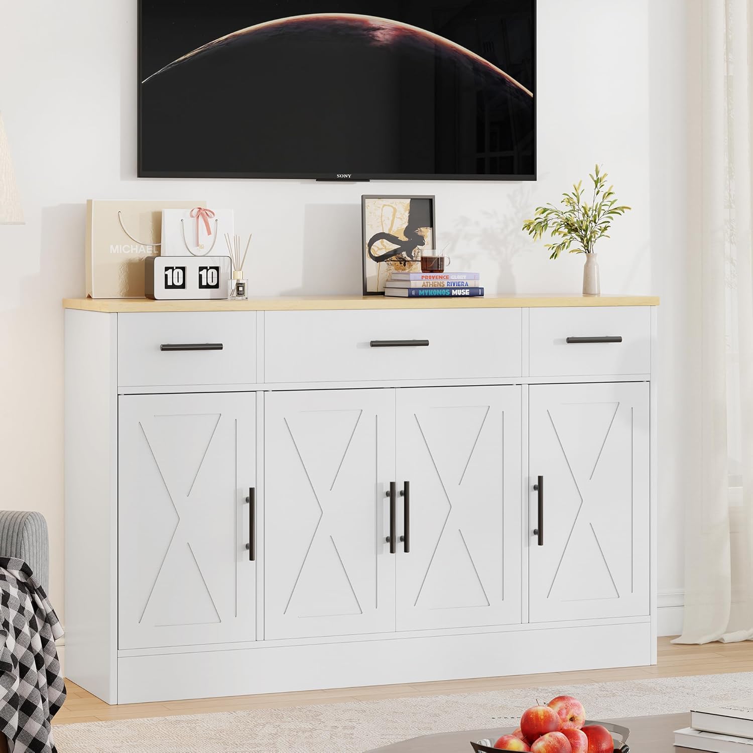 Shintenchi 53.4" Sideboard Buffet Cabinet with Storage, Large Kitchen Buffet Storage Cabinet with 3 Drawers and 4 Doors, Wood Farmhouse Sideboard with Adjustable Shelf for Kitchen, Dining Room, White