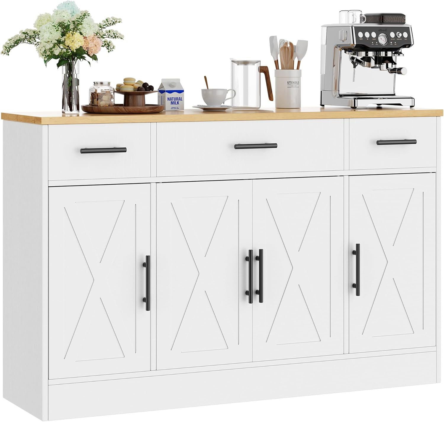 Shintenchi 53.4" Sideboard Buffet Cabinet with Storage, Large Kitchen Buffet Storage Cabinet with 3 Drawers and 4 Doors, Wood Farmhouse Sideboard with Adjustable Shelf for Kitchen, Dining Room, White