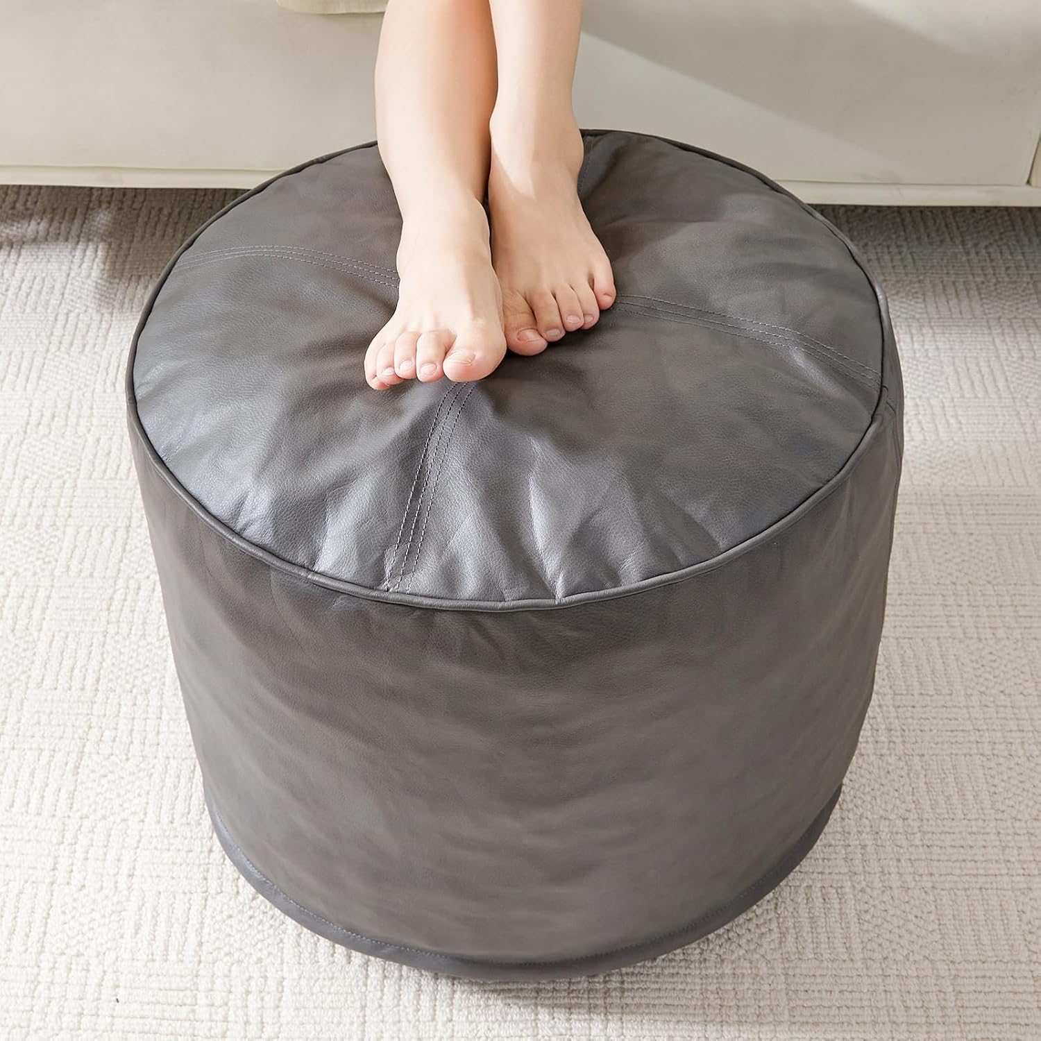 HIGOGOGO Round Stuffed Pouf Ottoman, Pu Leather Poufs with Foam Chunk Filling, Furry and Fluffy Pouf Foot Stool Storage Ottoman, 20 X 15 Floor Poufs Foot Rest for Living Room,Brown