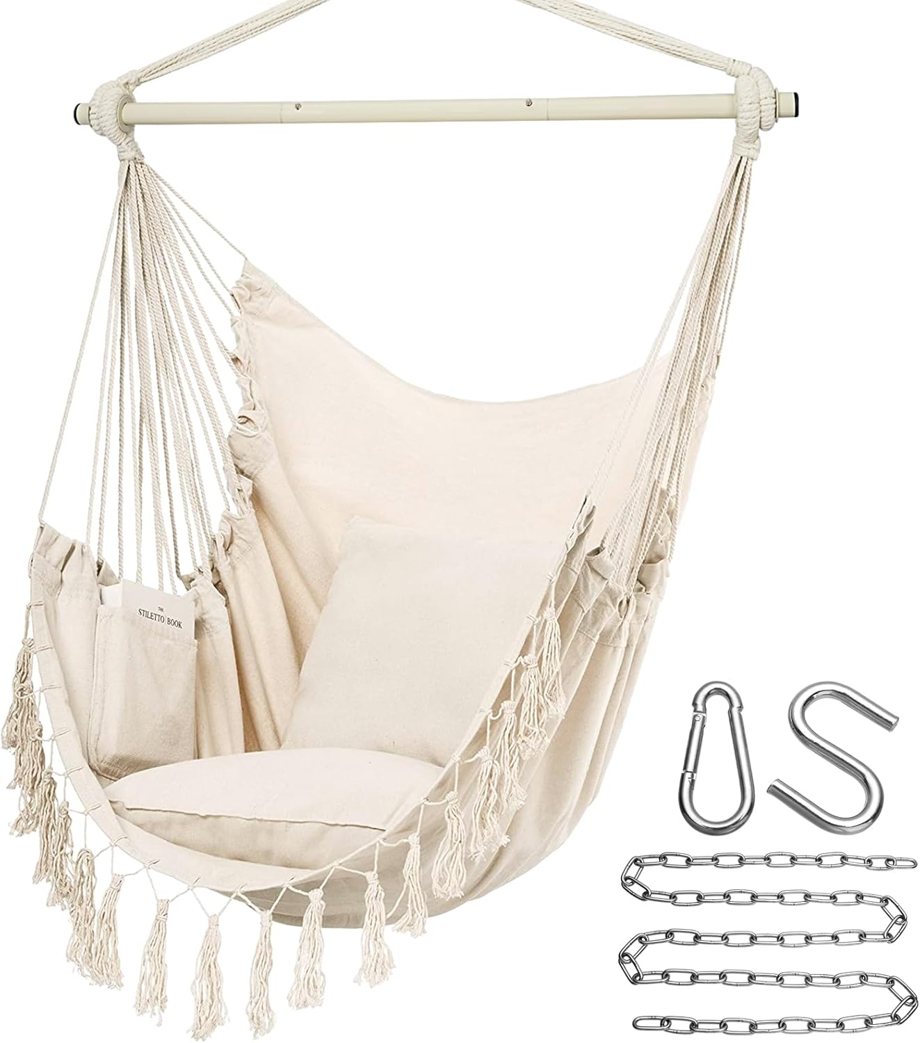 Y- STOP Hammock Chair Hanging Rope Swing, Max 500 Lbs, 2 Cushions Included, Large Macrame Hanging Chair with Pocket, Cotton Weave for Superior Comfort, Durability (Dark Grey)