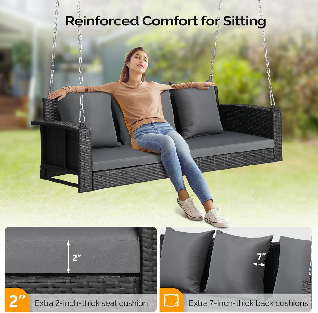 VINGLI Heavy Duty 800 LBS Wicker Hanging Porch Swing with Cushions & Chains, 5FT Outdoor Rattan Swing Bench for Garden, Yard, Lawn (Black)