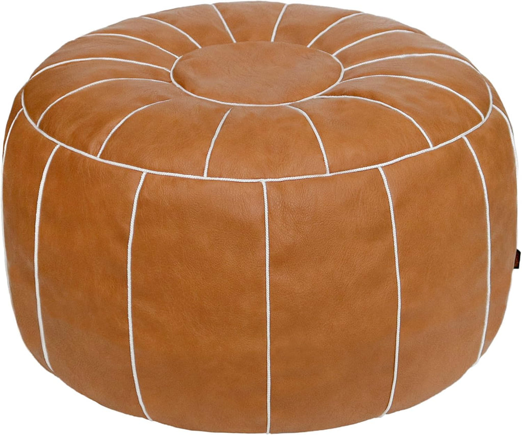 Thgonwid Unstuffed Moroccan Storage Pouf Foot Stool Ottoman Seat Handmade Faux Leather Bean Bag Floor Chair Foot Rest for Living Room, Bedroom or Balcony (Light Brown)