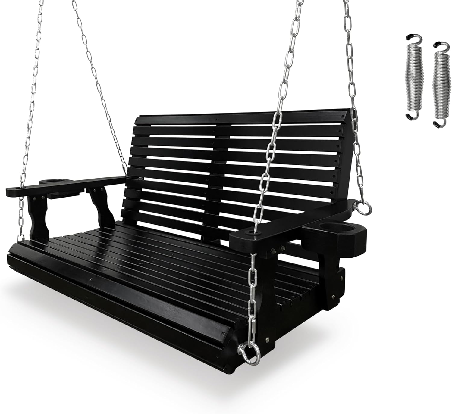 Wooden Porch Swing 2-Seater, High Backrest and Deep Seat, Bench Swing with Cupholders, Hanging Chains and 7mm Springs, Heavy Duty 880 LBS, for Outdoor Patio Garden (Cedar Tone - 4 FT Extra Large)