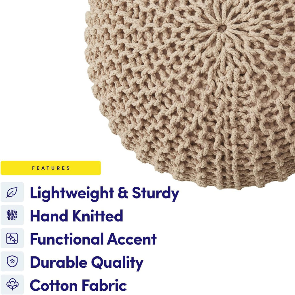 Pouf Ottoman Foot Rest Stuffed – 20” Diameter x 14” Tall Cozy Floor Pouf for Living Room, Bedroom, Nursery & More – 100% Cotton Knit Shell, EPS Bead Filled Footrest & Accent Chair, Taupe